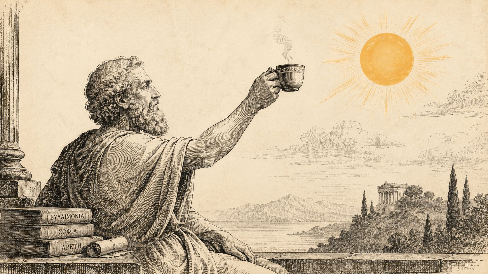 A philosopher raising a cup to the sun